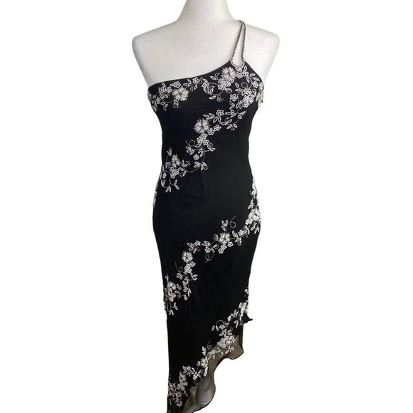 Cache' Dresses & Skirts - Cache Beaded Floral Silk One Shoulder Formal Dress Black White Vtg Y2K